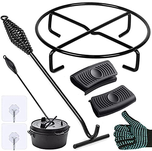 Deckelheber Dutch Oven Haken, 42CM Griffhaken und Feuertopf Deckelheber, Untersetzer Dutch Oven Ständer, Untergestell, Dutch Zubehör Set für BBQ,Grill,Camping,Küchen