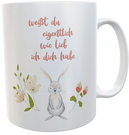 Tasse Hase grau Osterhase Ostergeschenk Kinder Spruch Weißt du eigentlich wie lieb ich dich hab (Hase stehend)