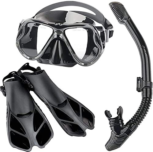Taucherbrillen-Schnorchelset, Taucherbrillen aus gehärtetem Glas für Erwachsene, Flossen, Schnorchelmaske, vollständiger Trockenschnorchel, dreiteiliger Anzug