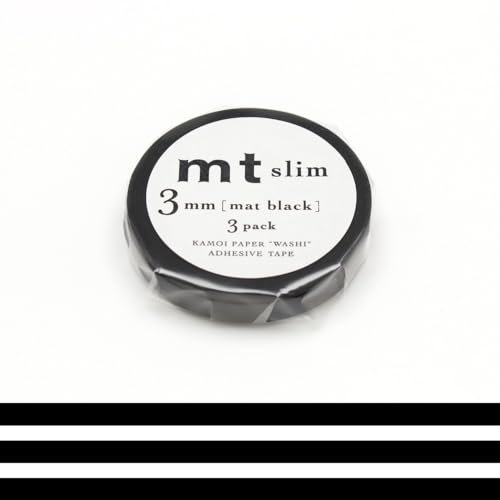 MT Masking Tape Slim Set de 3 rouleaux adhésifs de décoration en papier washi 3mm x 7m, uni noir/matte black