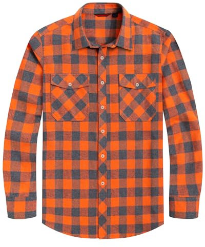 J.VER Flannel Shirt Men Checked Lumberjack Cotton Long Sleeve Button Down Casual Work Warm Winter Shirts with Pocket Orange L