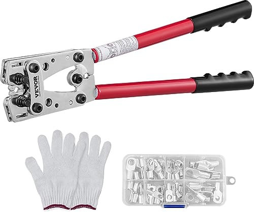 VEVOR Alicates para Prensar 6/10/16/25/35/50 mm² Herramienta para Prensar Clavijas de Cable Aluminio Cobre AWG10-1/0 con 6 Tamaños de Prensado 60 Conectores Anillo de Aluminio Guantes de Electricista