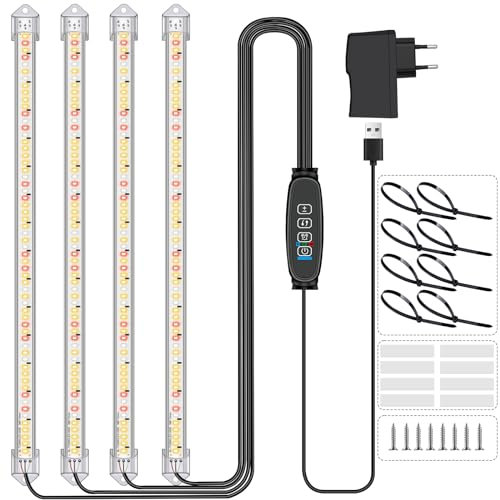 4 Barras de Luz para Cultivo de Plantas, Lámpara de Luz Solar de Espectro Completo con Temporizador 3/9/12H, 10 Niveles Regulables para Suculentas, Estante para Plantas, Bajo Armario