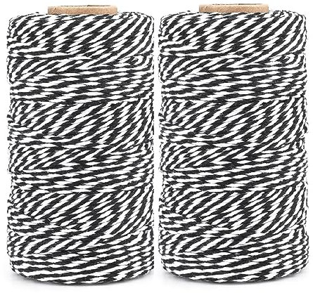 KINGLAKE 2mm Kordel Schwarz und Weiß,200M Baumwollschnur,Makramee Garn,Baumwollgarn Dünn,String Für Backen,Kochen in der Küche,DIY Basteln,Weihnachtsgeschen Kverpackung,Deko-(100mX2)