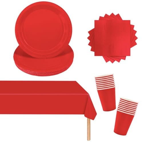53Pcs Red Party Tableware Set,Including Red Paper Plates Cups and Serviettes Napkins Table Cloth Tablecover for Kids Picnic Birthday,Baby Shower Graduation Wedding Christmas Party Supplies