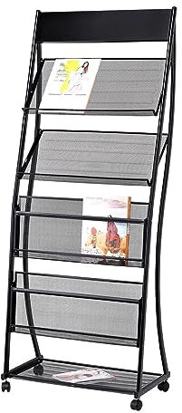 ZAQYCM Zeitschriftenregal Prospektständer Großer 4-lagiger Boden Prospektständer Aus Metall, Tragbarer Broschürenständer Für Wohnzimmer, Schlafzimmer, Küche Und Büroräume (Color : Black)