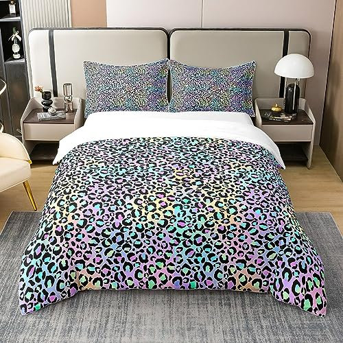 100% Cotton Purple Leopard Print Duvet Cover for Women, Rainbow Cheetah Bedding Set Double, Psychedelic Galaxy Comforter Cover, Ombre Gradient Animal Bed Sets With 2 Pillow Cases