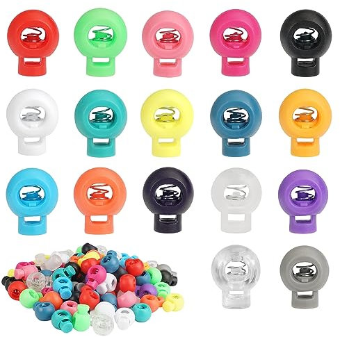 102 Stück Bunt Runde Rutschen Kordelklemme, 1-Loch Kordel Ende Feder Toggle Stopper, Einzelne Loch Kordelstopper 8mm für Kordelzug, Bekleid, Rucksack, Schuhe, Bastelbedarf, Camping Zelt (17 Farben)