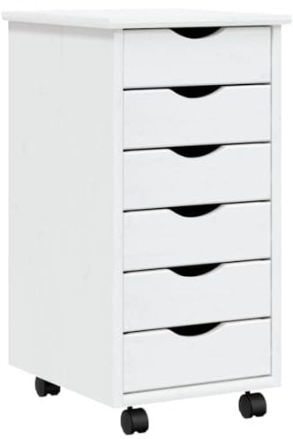 vidaXL Rollschrank, Rollcontainer mit 6 Schubladen, Kommode Schubladenschrank mit Rollen, Büroschrank Aktenschrank Rollwagen, Weiß Massivholz Kiefer