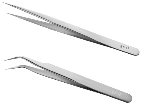 Ainiv 2PCS Pinzas de Precisión, Recta+Curva Pinzas Depilar Anti-Estáticas de Acero Inoxidable, Tweezers Puntiagudas, Pinzas Precision para Electrónica, Trabajos Médicos y Experimentales, Joyería