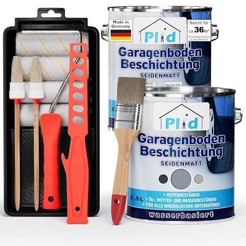 Plid Garagenbodenbeschichtung Silbergrau 5 L + Lackierset | ca. 36 m² | Betonfarbe, Garagenbodenfarbe | Lackierset | Innen & Außen | Wasser- & Ölbeständig | Abriebfest | Made in Germany