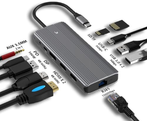 Chillitech® Pro USB C Docking Station, Triple 4K 2.0 HDMI and 1.4 Displayport, 100W PD, 1Gbps Ethernet, 3x 5Gbps USB Ports, 3.5mm Jack, SD/TF Dual Quadruple Monitor Laptop Docking Station Hub