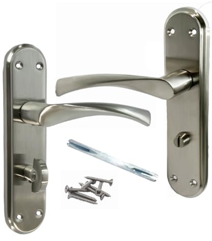 Genova Door Handles Satin Twist Lever Bathroom Lock on Modern Marina Backplate for Internal Wooden Doors
