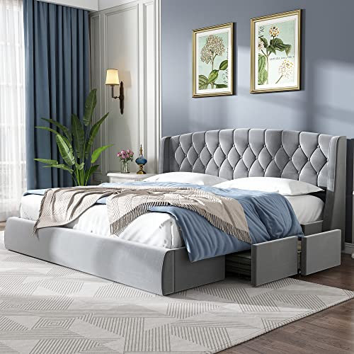 TZCIN Polsterbett Doppelbett 140x200 cm, Stauraumbett mit 4 Stauraum Schubladen, Bett mit Lattenrost aus Holz, Jugendbett Rückenlehne Bettgestell, Samt, Grau, Ohne Matratze