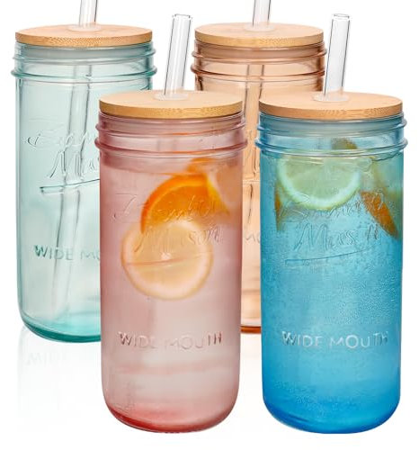 ANOTION Farbige Mason Gläser mit Deckeln und Strohhalmen-24oz Mason Jar Trinkgläser Bunte Gläser Drinkware Canning Jars Breiter Mund Mason Jar Iced Coffee Cup Smoothie Glas Tumbler