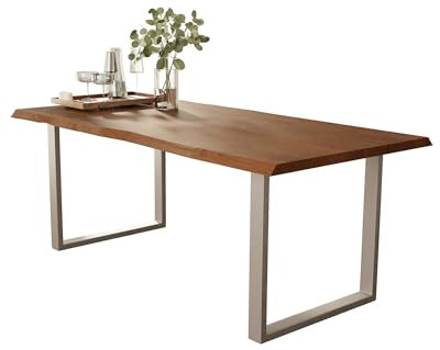 Liadomo Esstisch 160x85 Isa Nuss, Baumkantentisch, Akazie Massivholz Tisch, 26mm Tischplatte Lackiert, Robust & Pflegeleicht, Unikat, U-Gestell Metall Silber