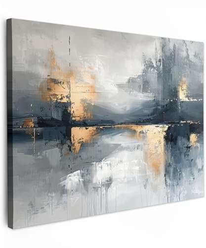 MuchoWow© Leinwandbilder 70x50 cm Wall Art Decoration Bilder für die Wand Schlafzimmer Deko Canvas Painting Wanddekoration Wohnzimmer Kunst - Grau - Gold - Abstrakt