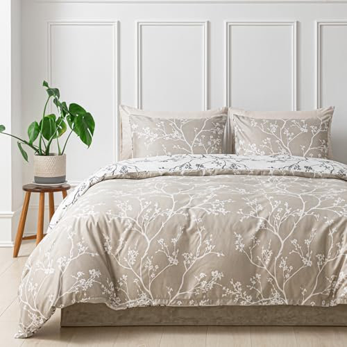 Tokokimo Grey and White Super King Duvet Set - Bedding Sets Reversible Design 3pcs, Soft Microfiber Super King Size Duvet Cover Sets 260x220 cm with Pillowcases, Easy Care, Printed Grey/Plant