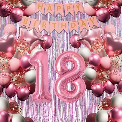 18. Geburtstagsdeko Mädchen, Rosa-Weiß Geburtstag Luftballons Set mit XXL Zahl 18, 40 Latexballons, 4 Folienballons, Rosavorhang & Happy Birthday Banner usw, Party Deko für 18-jährige Junge Frau