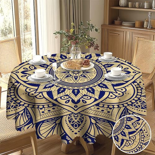 BSGIFT Mandala Tischdecke Rund Boho Style Abwaschbar 150 cm, Runde Tischdecke für Draußen Polyester Outdoor Wetterfest Gartentischdecke für Küche Garten Gartentisch Esstisch Couchtisch Party