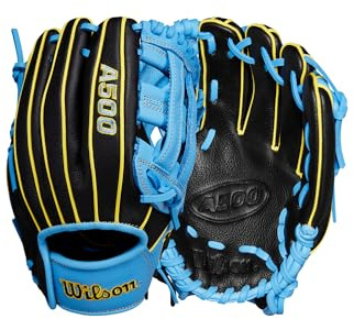 Wilson A500 10.5 Infield Youth Baseball Glove - Right Hand Throw, Black/Cool Blue/Yellow
