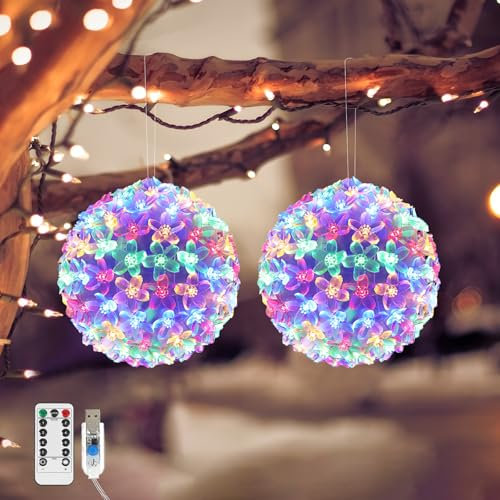 Lewondr Adorno Navidad Luz de Bola, 2PCS Luces Navidad a Pilas de Flor de Cerezo Artificial, Decoración Colgante Navidad Exterior con 100 Bombillas & Temporizador en Patio Jardín Hogar, Blanco Cálido
