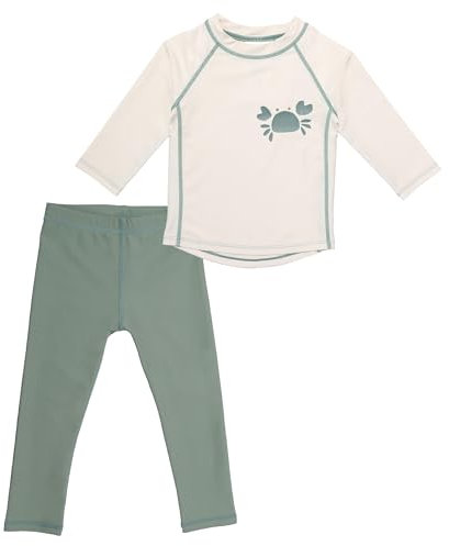 LaLoona Set de Ropa de Baño Bebé con Protección UPF 80+ - Bañador Niños 2 Piezas Camiseta y Pantalón | Ropa UV de Secado Rápido - Certificado Oeko-Tex Standard 100 - Beige Menta, talla 98