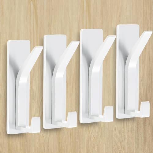 MIVITOOM Stick on Hooks for Hanging, Extra Srong Coat Hook on Door for Coat Towel Hat Key, Self Adhesive No-Nail Hook Hangers, White 4 Pack