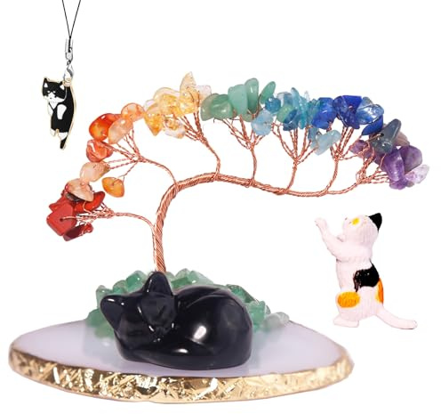 Dreamgirl Black Obsidian Chakra Crystal Tree and Healing Stones Cute Sleeping Cat Statue Lucky Kitten Figurine Office Bedroom Home Desk Decoration Cat Lovers Gift for Women