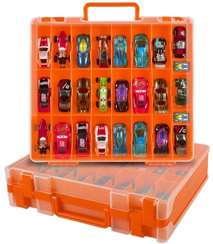 Xuerdon Spielzeugauto Aufbewahrungskoffer für Matchbox Cars. Holder Behälter Tasche für LOL Überraschungspuppen/für Shopkins mit 48 Fächern Doppelseitig-Orange (nur Box)