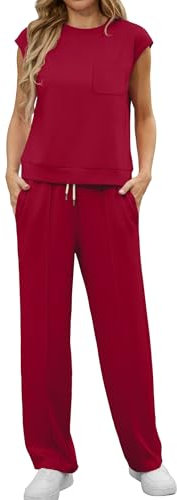 GRECERELLE Two Piece Outfits Women Summer Short Sleeve Tracksuit Womens Full Set Lounge Wear Sets for Women Casual Crew Neck Cap Sleeve Tops and Jogging Bottoms with Pockets(Wine Red, L)