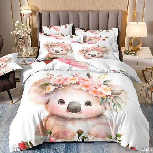 VOGIAY Bettwäsche 135x200, Koala und Floral Drucken Muster Kind Bettwäsche Set, Jungs Mädchen Cartoon Tier Bettbezug aus Mikrofaser mit 1 Kissenbezug 80x80 Dekor Bettdeckenbezug