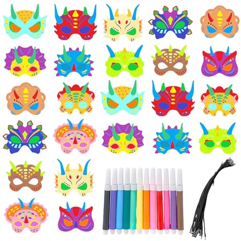 AMFUN 24 Stück Dinosaurier Masken, Masken zum Ausmalen für Kinder, Tiermasken zum Bemalen, 12 Farbigen Stiften, für Weihnachten Halloween Geburtstag Bühnenaufführungen