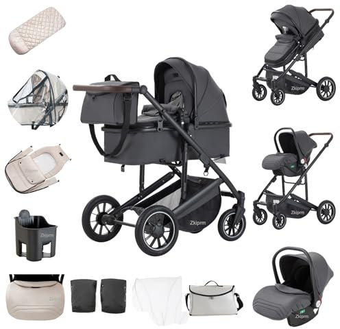 Zkiprm 3-in-1-Kinderwagen, Reisesystem mit Autositz, Kinderwagen und Babywanne, Verstellbare Armlehnen, Moskitonetz, Handschuhe, Gestell aus Aluminium, Kinderwagen mit hohem Profil, für 0-4 Jahre