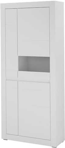 Lomadox Wohnzimmer-Vitrinenschrank 85 cm breit, in weiß matt mit wechselbarer Griffleiste, 4-türig mit Softclose, modern