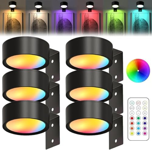 Micmetago Gienslru Kabellose Bilderleuchte mit Fernbedienung, Magnetisches Mallicht mit 13 RGB-Farben, Wiederaufladbare Bilderlampe mit Timer & Dimmfunktion für Wandbilder und Kunstwerke (Black*6)