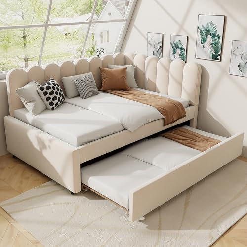 EINHOM Schlafsofa Polsterbett 140x200 cm, L-förmiges Tagesbett mit Ausziehbett und Geblümter Rückenlehne, Samtstoff, Lattenrost, Ohne Matratze (Beige)