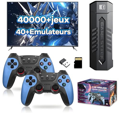 X2 Bleu Clé de Jeu Rétro 4K, Émulateur pour Console Vidéo 128 Go, 40 000+ Jeux Rétro Intégrés, 40+ Émulateurs, Clé de Jeu Vidéo Plug and Play pour TV, avec 2 x 2,4G Manettes sans Fil