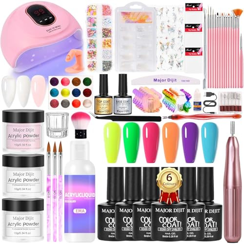 Gel Nägel Set mit UV-LED-Lampe, Weiß & Pink & Klar Acrylpulver, Nagelkunst Glitzer, Basis und Überlack, Gelnägel Starterset, Nageldesign Werkzeuge