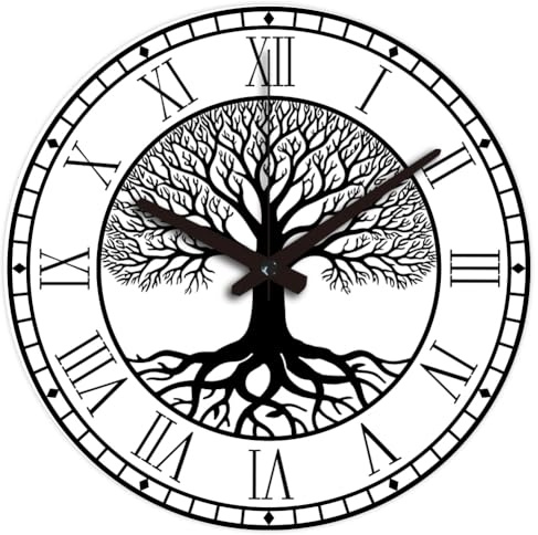 CHGCRAFT Horloge murale ronde à motif arbre de vie noir de 30,5 cm avec texte romain sans tic-tac, horloge murale à piles pour chambre à coucher, salon, cuisine, bureau