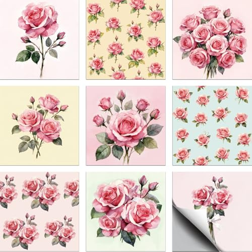 CHGCRAFT 36 Stück 9 Stile Vintage Muster mit Rosa Rosen Fliesenaufkleber Wandfliesenaufkleber Wasserfest Selbstklebend Aufkleber zum Aufkleben für Wanddekoration in Küche und Bad 4×4 Zoll