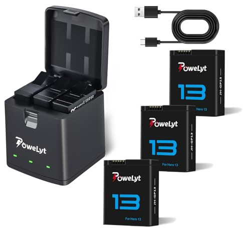 PoweLyt 2100mAh Hero 13 Black Batteria 3 Pacchi e 3 Canali Hero 13 Carica Batterie con cavo di ricarica Type-C Hero 13 Enduro Accessori per videocamera Compatibile con HERO 13 Black