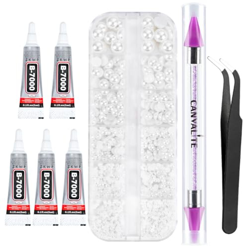 Canvalite Flatback Nail Pearls for Crafting, Multiple Sizes Half Pearls with 5Pcs B7000 Jewelry Glues & Picker Tools Bedazzling Bead for DIY Crafts Clothing Tumblers Shoes Decors Nail Art