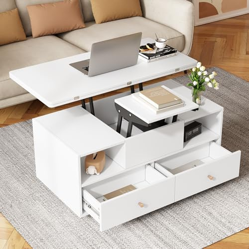 Höhenverstellbarer Couchtisch mit Klappfunktion und 4 Schubladen EIN großer und EIN Kleiner Hydraulik-Hubtisch, beweglicher Wohnzimmertisch mit Universalrollen, Sofatisch (White + MDF)