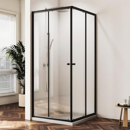 Duschkabine 80x90cm Eckeinstieg mit Schiebetüren, Höhe 185cm, Duschkabine 6mm NANO ESG Glas Duschabtrennung Doppel Schiebetür, Über Einer Duschwanne Oder Fliesen Montiert,Schwarz