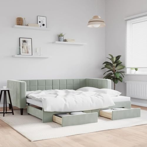 Refined Tagesbett Schlafsofa Bettsofa Gästebett für Schlafzimmer Wohnzimmer Sofa Bett Ausziehbett Ausziehbar mit Schubladen Hellgrau 90x200 cm Samt
