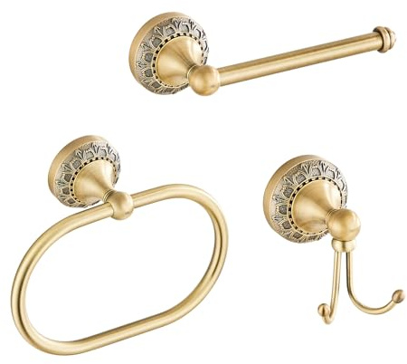 3er-Set Badezimmer Accessoires mit Antik-Gravur - Toilettenpapierhalter, Handtuchring & Doppelhaken - Langlebiges kratzfestes Metall Bad-Set für Bad & Gäste-WC - Klassisches Vintage Design