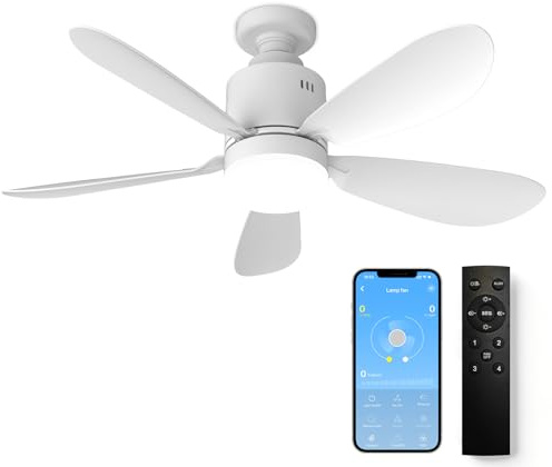 Kemoribe Ventilatore da Soffitto con Illuminazione 53cm LED con Luce e Telecomando, APP Controllo Dimmerabile 24W, E27 Integrato, 5 Pale, 4 Livelli di Velocità