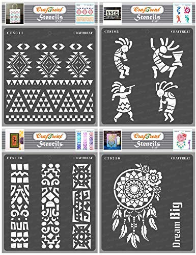 CrafTreat African Tribal Stencils for Crafts Reusable Vintage - Aztec Borders, Kokopelli, Folk Art Borders and Dream Big (4Pcs)- Size:6X6 Inches- Tribal Pattern Stencil for Furniture Painting