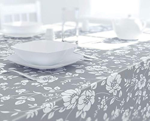 Dehaus® Wipe Clean Table Cloth - Grey Floral Bloom - Wipeable PVC Oilcloth Table Cover - Plastic Vinyl Tablecloth - Water Resistant & Easy Clean - Kitchen & Dining Protector (Square 140 x 140cm)